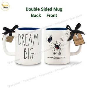 Snoopy Graduation Rae Dunn "DREAM BIG" Double Sided White Mug New